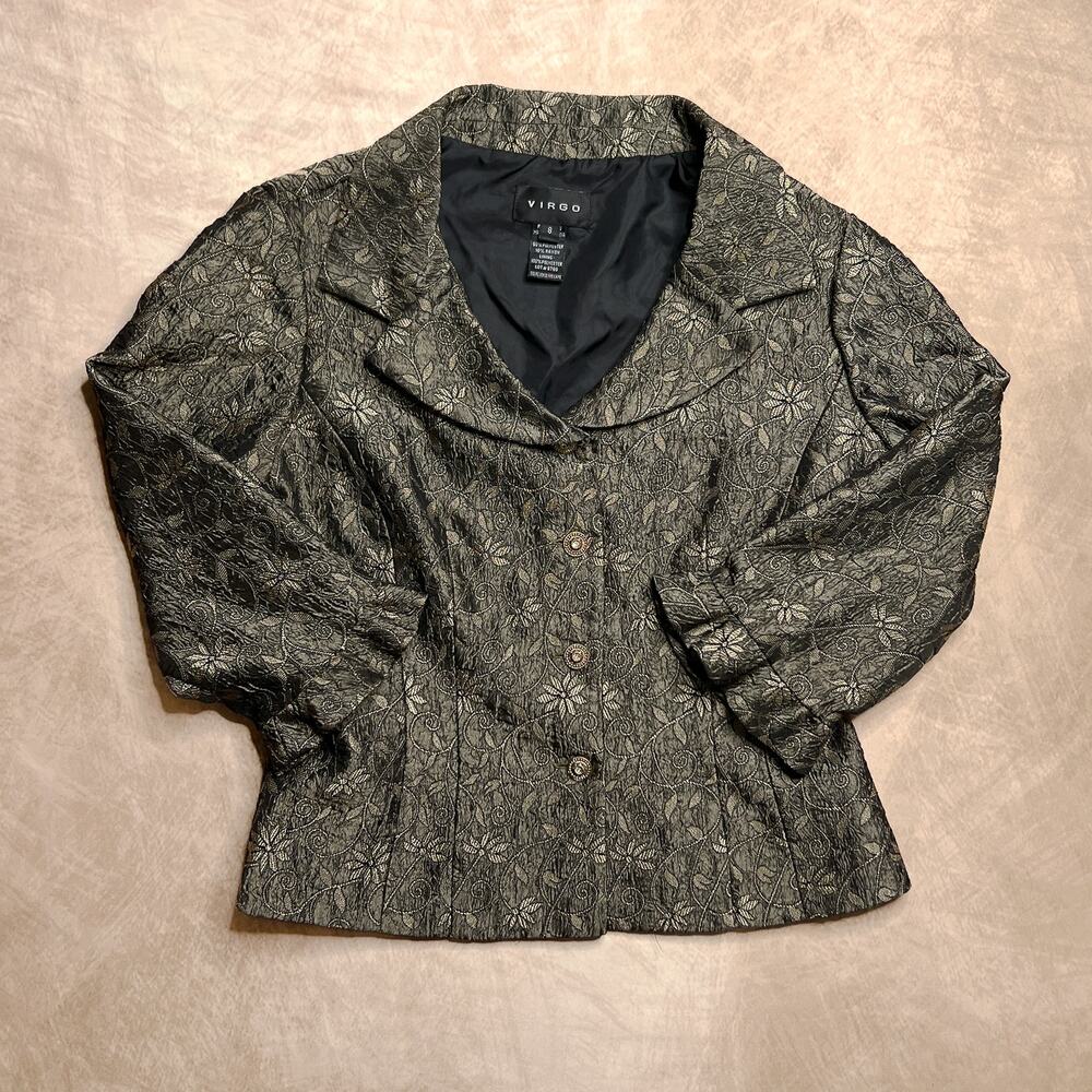 Vintage 90s Floral Vine Print Metallic Blazer Jacket Ruffled Sleeves Fairygrunge